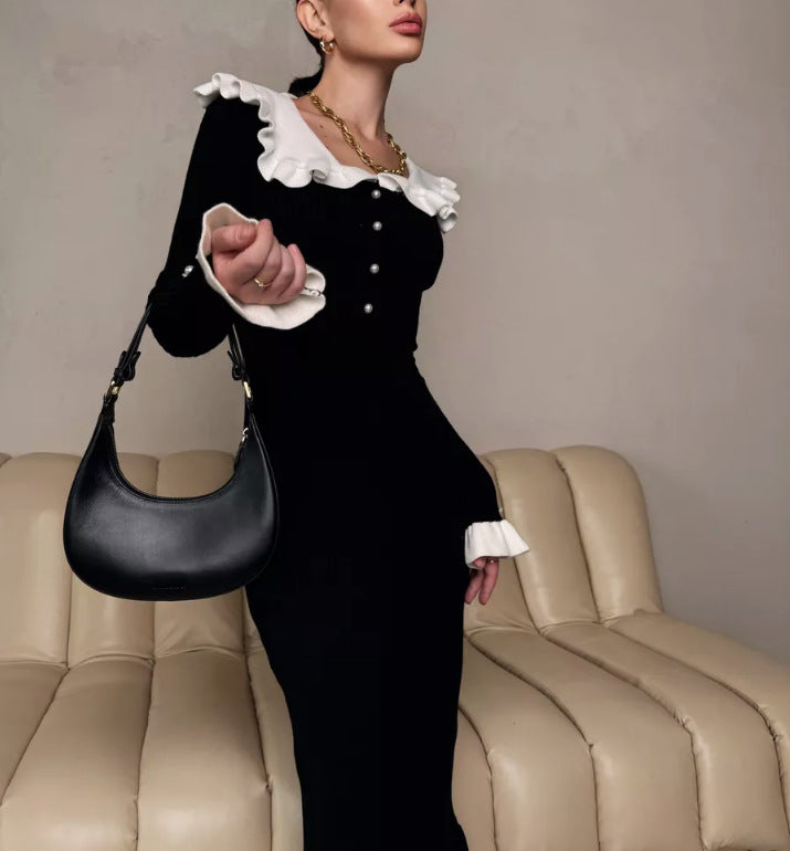 Ruffle Collar Colorblock Knit Bodycon Midi Dress Long Sleeve