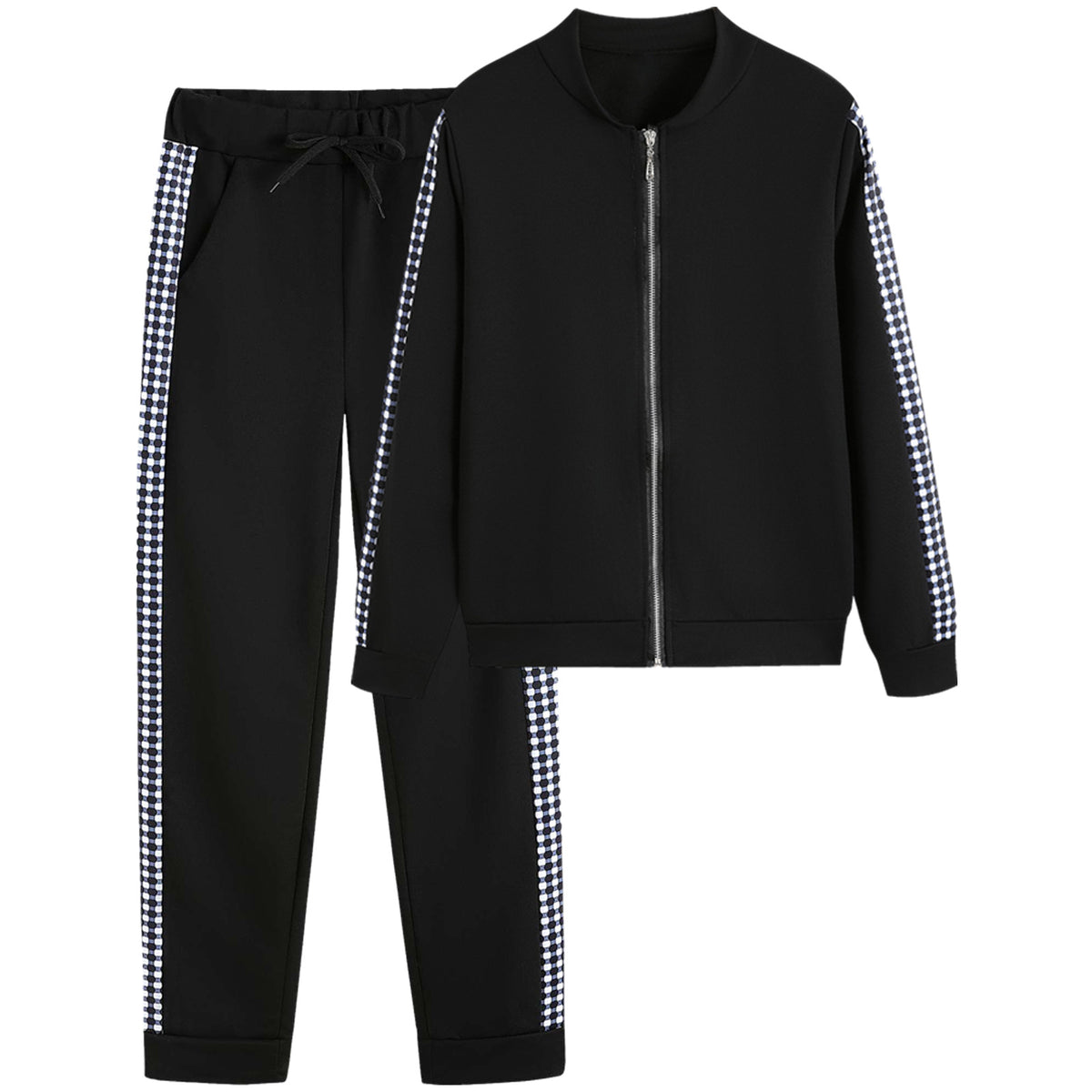 Women's Houndstooth Patchwork Zip-Up Tracksuit Set