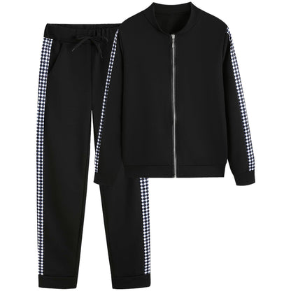 Women's Houndstooth Patchwork Zip-Up Tracksuit Set