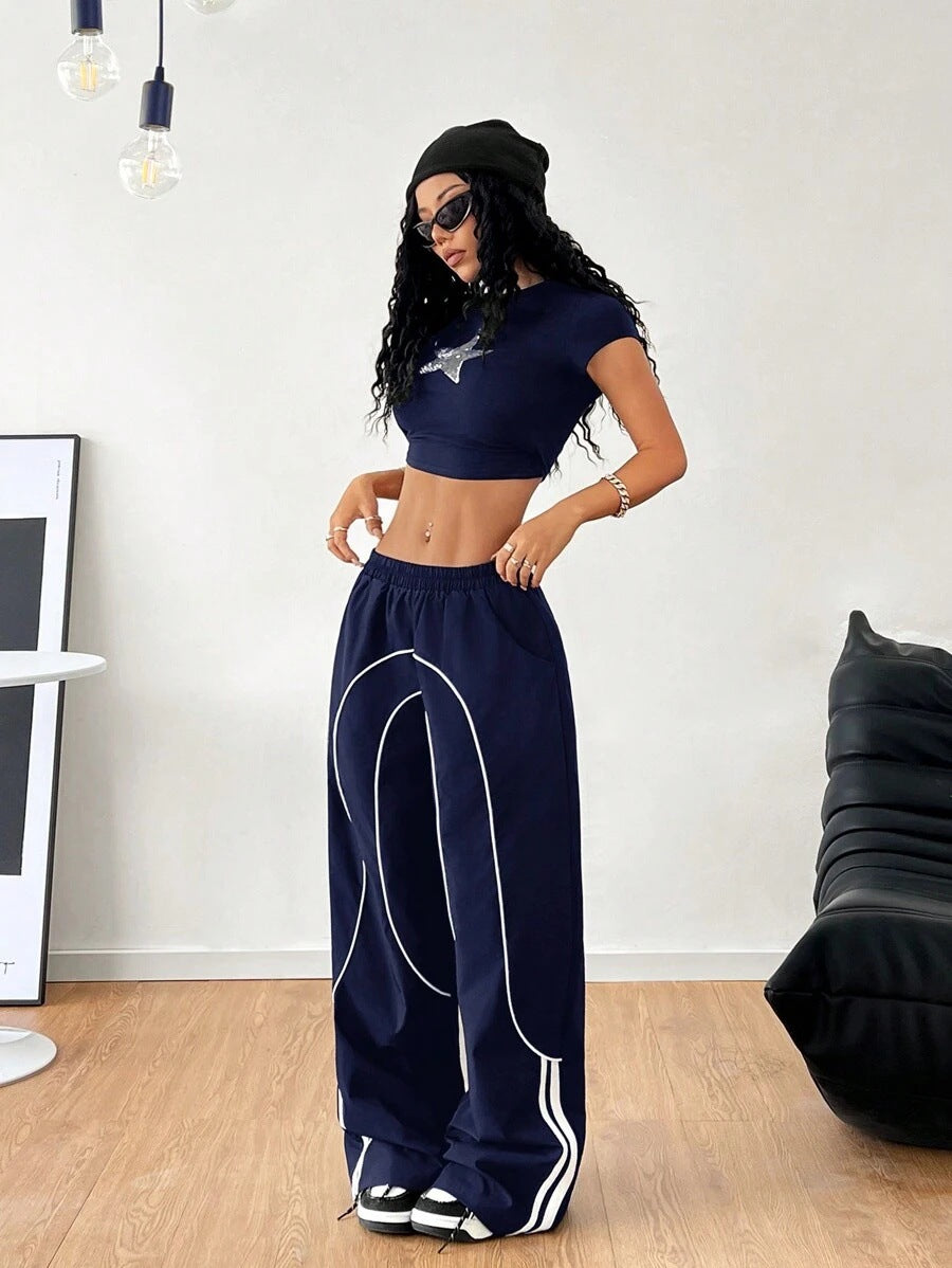 Women Baggy Wide Leg Pants Contrast Trim Low Rise Y2K