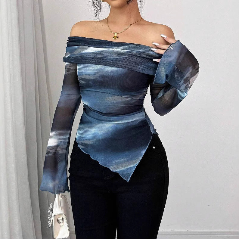 Off-Shoulder Mesh Knit Printed Slim Fit Long Sleeve Top
