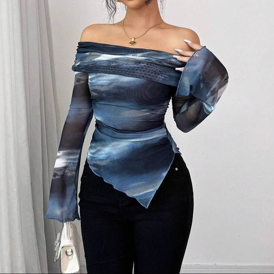 Off-Shoulder Mesh Knit Printed Slim Fit Long Sleeve Top