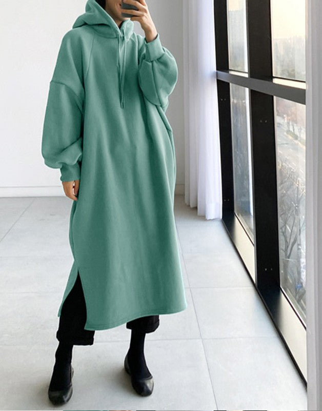 Oversized Fleece Maxi Hoodie Dress Side Slit Pullover