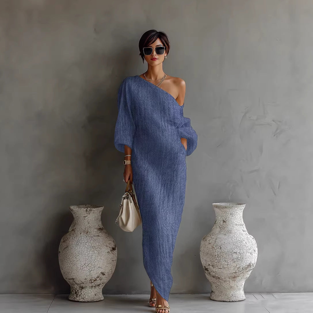 Elegant One Shoulder Long Sleeve Asymmetric Maxi Dress