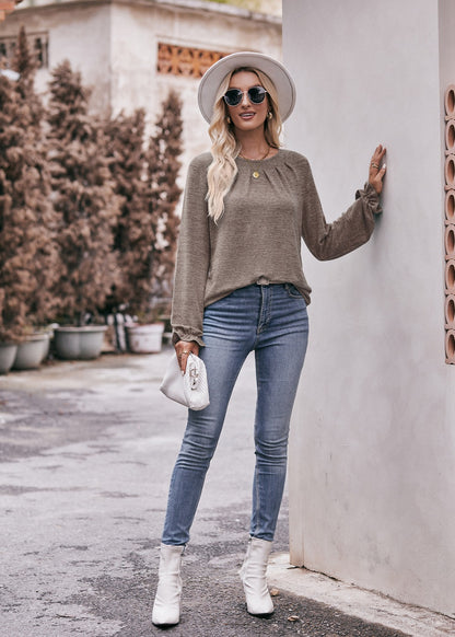 Round Neck Pleated Long Sleeve Brushed Knit Top