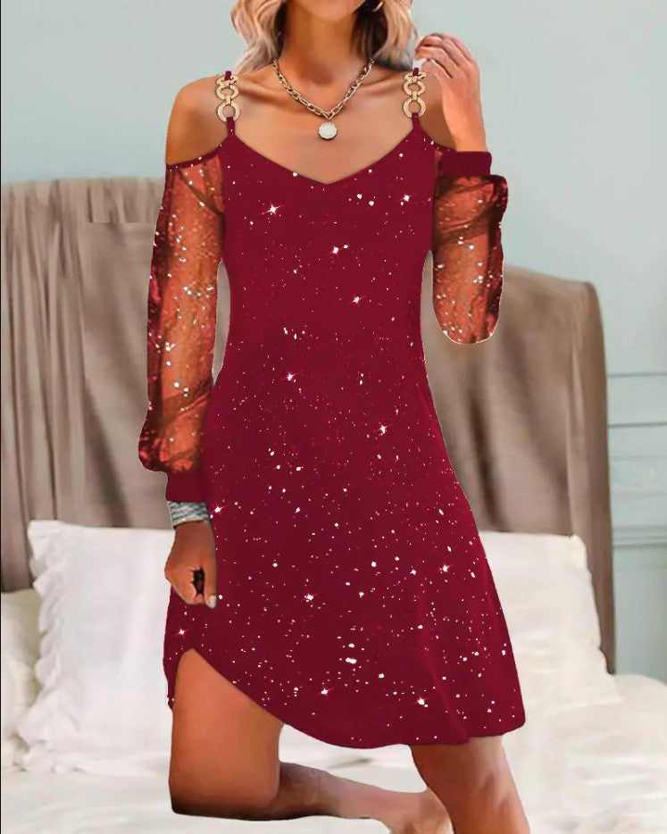 Women's Cold Shoulder Star Mesh Sleeve V-Neck A-Line Dress