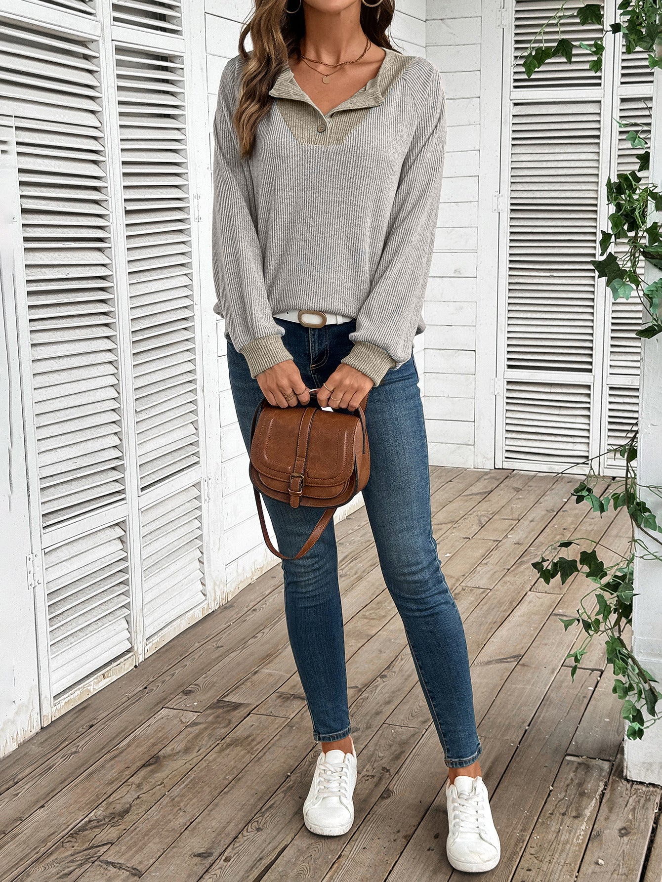 Colorblock V Neck Sweater Women Casual Knit Pullover Top