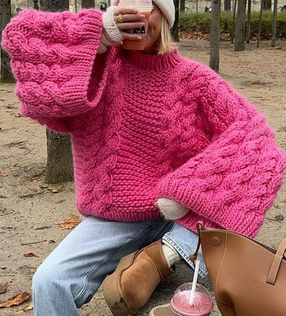 Women's Oversized Chunky Cable Knit Crew Neck Sweater