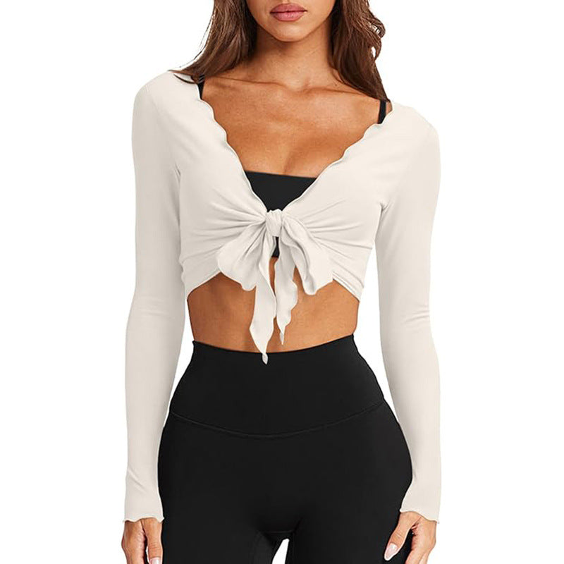 Women's V Neck Wrap Crop Top Long Sleeve Lettuce Trim Knit