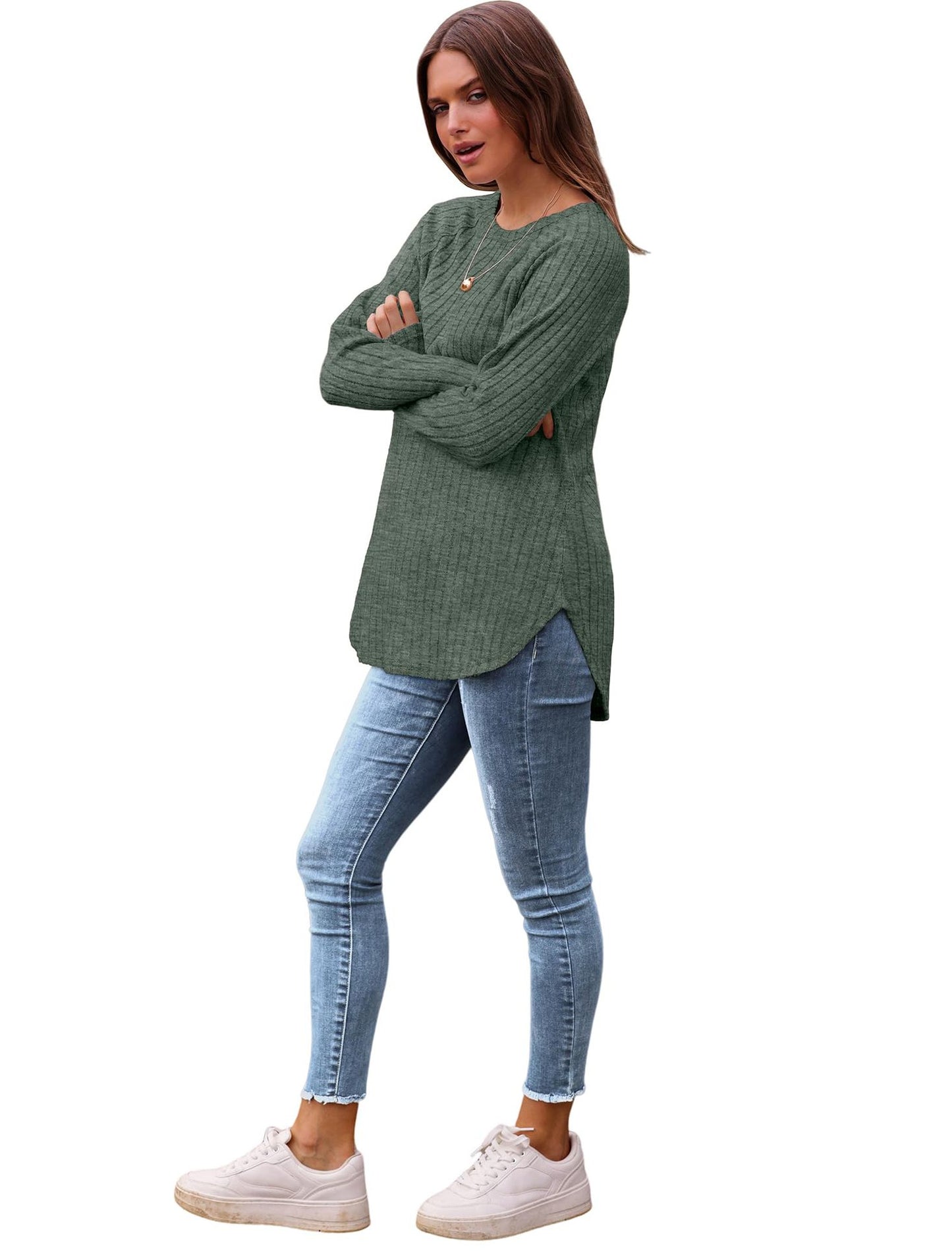 Solid ribbed crew neck top high low curved hem