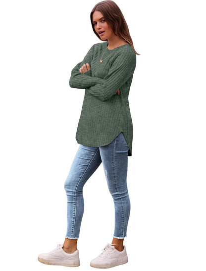 Solid ribbed crew neck top high low curved hem