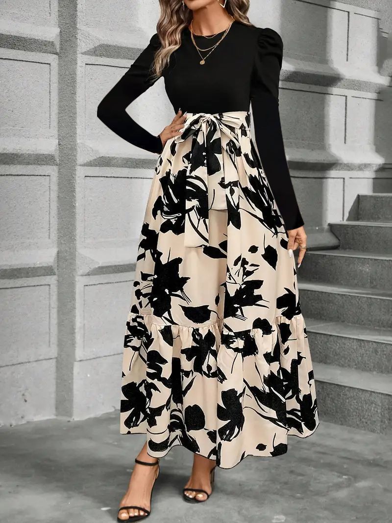Women's Floral Tiered Maxi Dress Long Sleeve Belted Casual