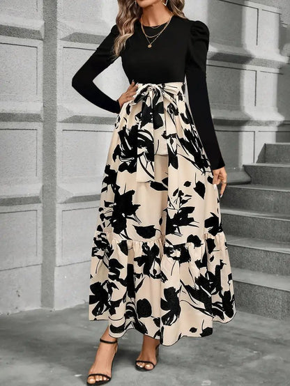 Women's Floral Tiered Maxi Dress Long Sleeve Belted Casual