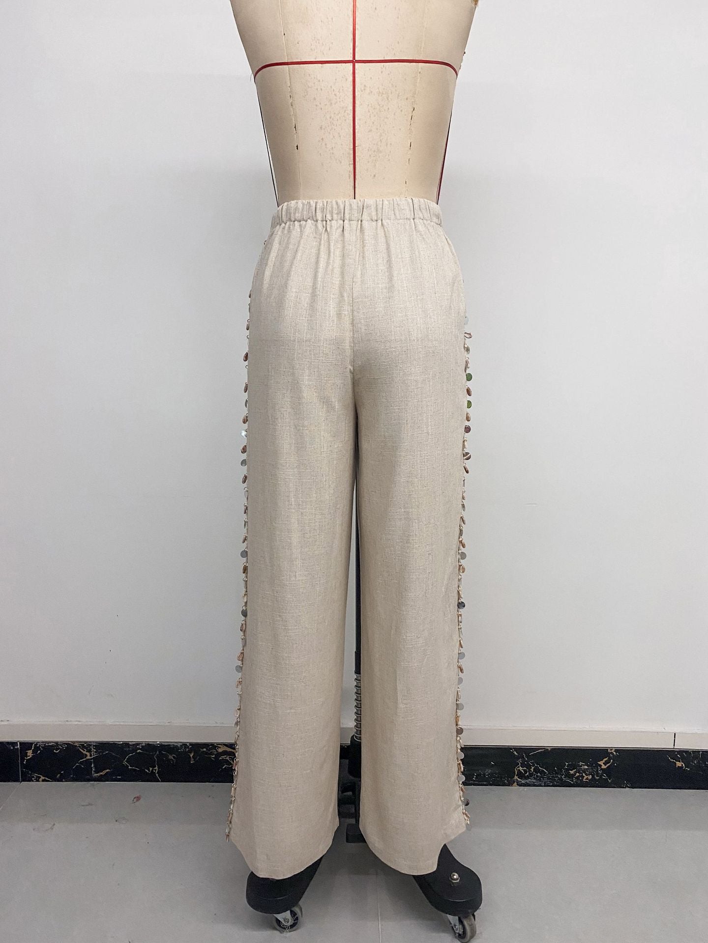 Boho Beach Wide Leg Pants Shell Trim Drawstring