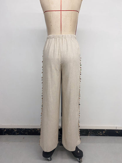 Boho Beach Wide Leg Pants Shell Trim Drawstring