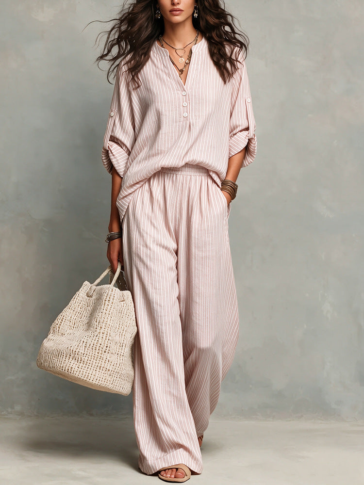 Women's Striped Cotton Lounge Set V-Neck Wide Leg Pants