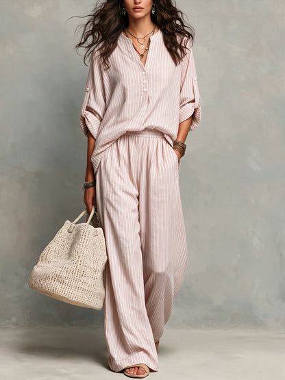 Women's Striped Cotton Lounge Set V-Neck Wide Leg Pants
