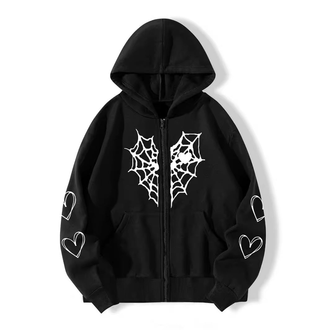 Women's Gothic Spider Web Heart Print Zip Up Hoodie