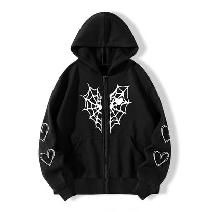 Women's Gothic Spider Web Heart Print Zip Up Hoodie