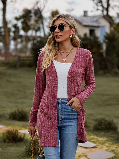 Ribbed Knit Cardigan Long Sleeve Button Pocket Sweater