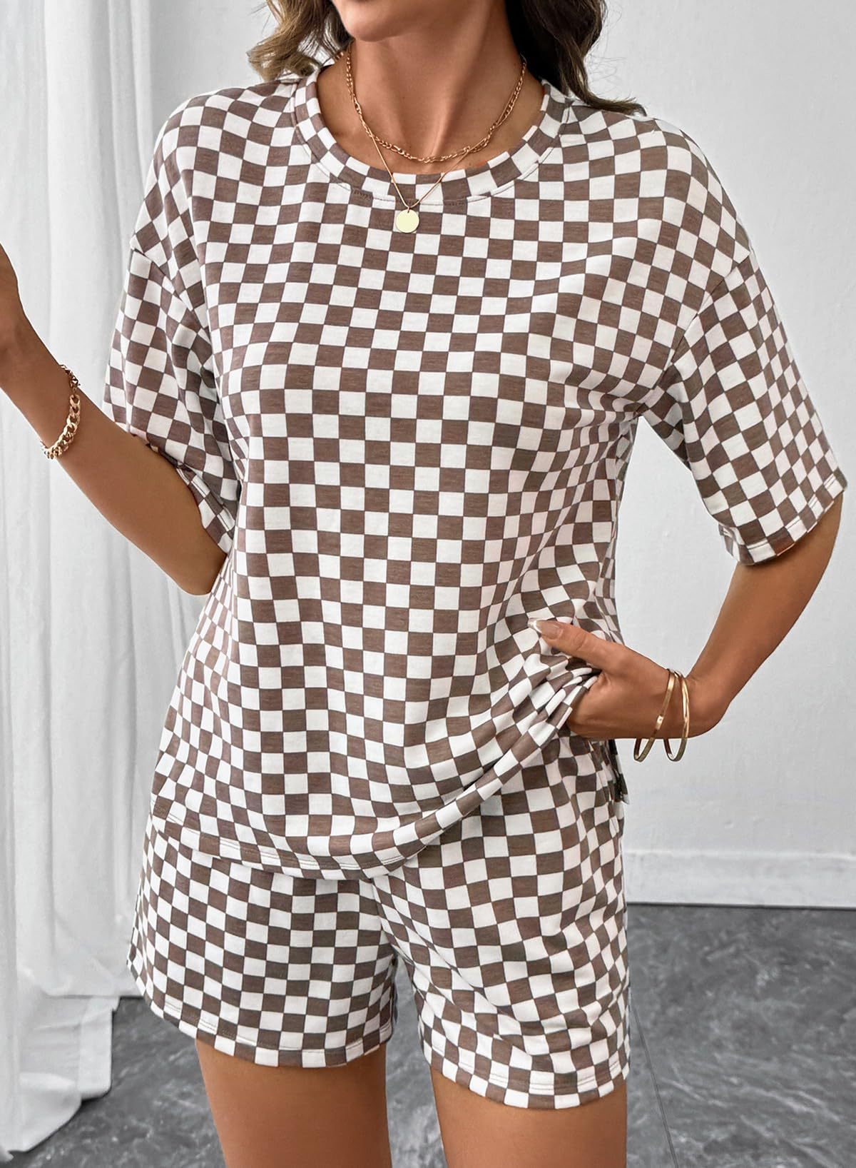 Rose Red Checkerboard Tee and Drawstring Shorts Set