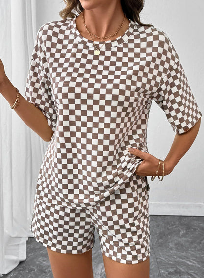 Rose Red Checkerboard Tee and Drawstring Shorts Set