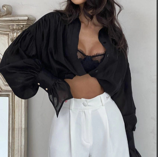 Women's Oversized Sheer Balloon Sleeve Tencel Blouse
