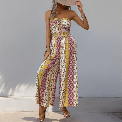 Boho Strapless Printed Wide Leg Jumpsuit Resort Romper