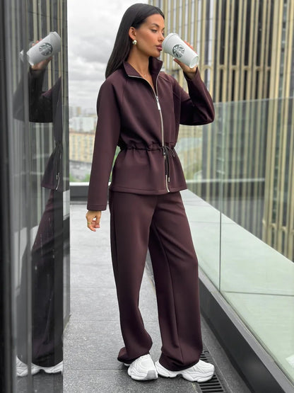 Women's Zip Up Drawstring Jacket Wide Leg Pants Set