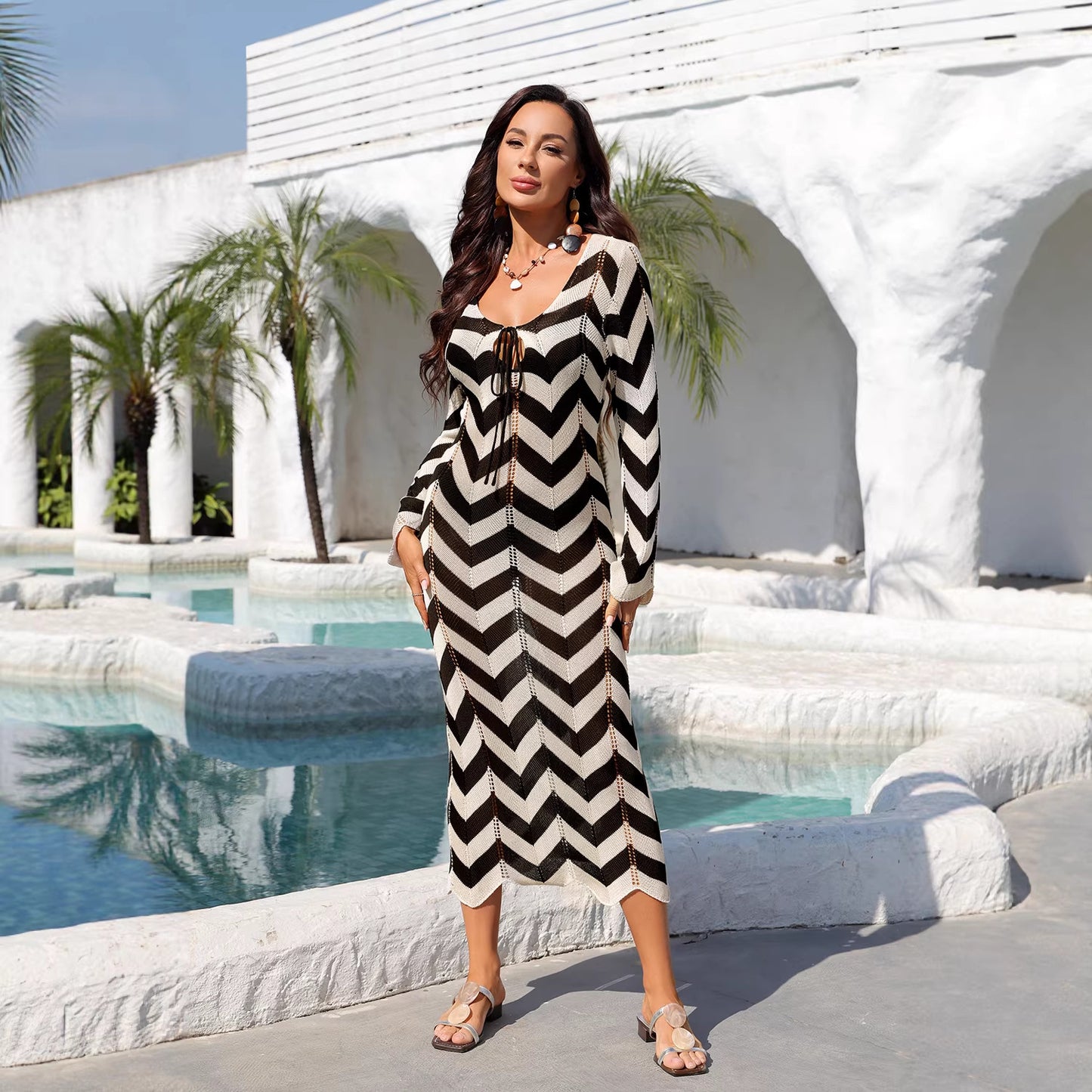Chevron Knit Beach Cover Up Dress V Neck Resort Wear