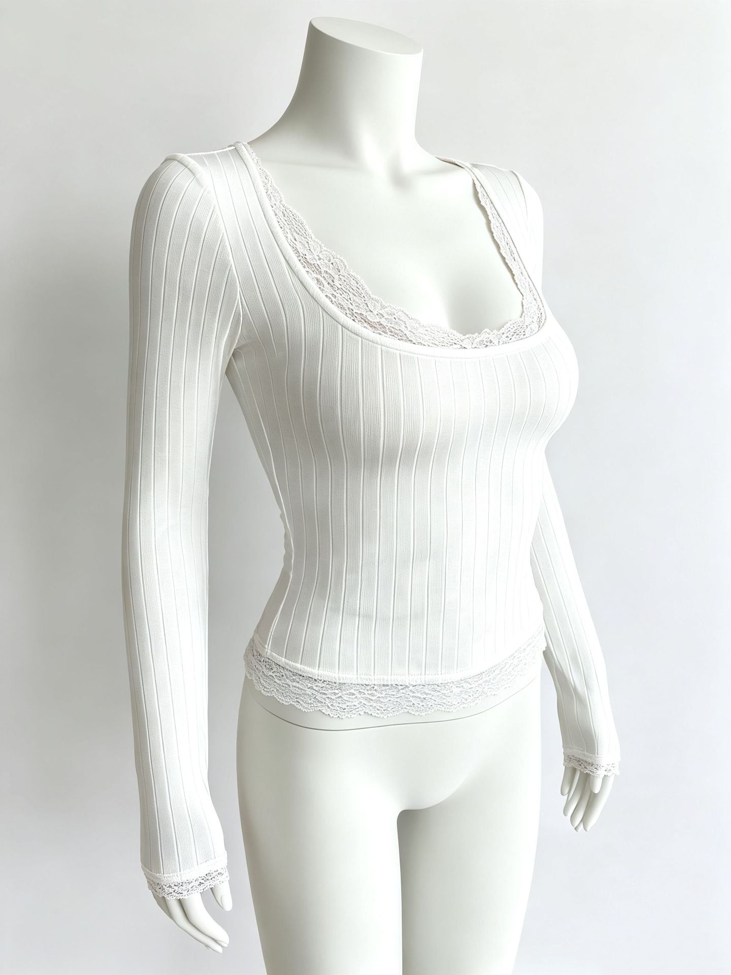 Ribbed Lace Trim Scoop Neck Long Sleeve Fitted Top