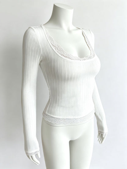 Ribbed Lace Trim Scoop Neck Long Sleeve Fitted Top
