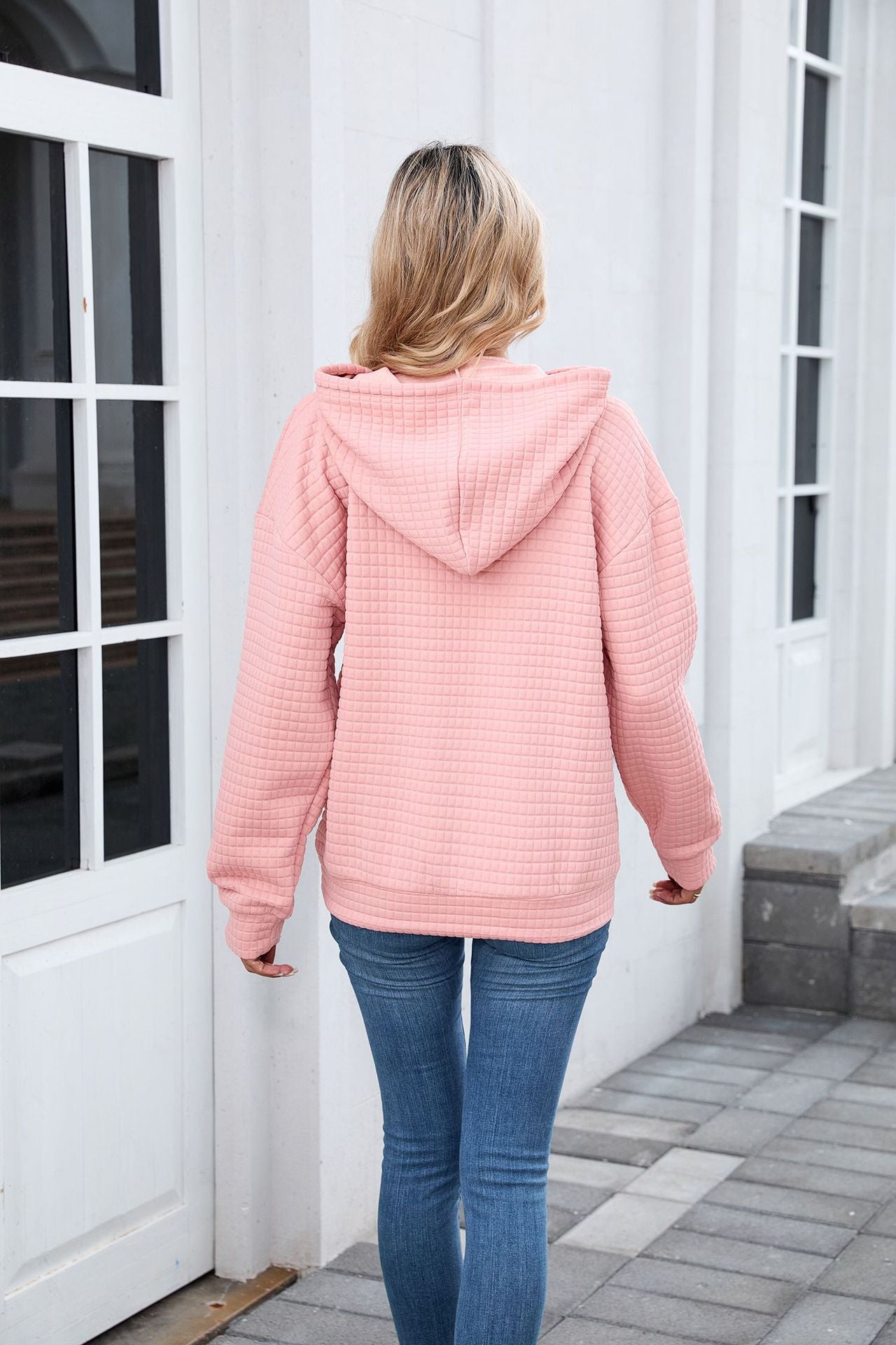 Pink Textured Oversized Hoodie with Front Pocket for Women