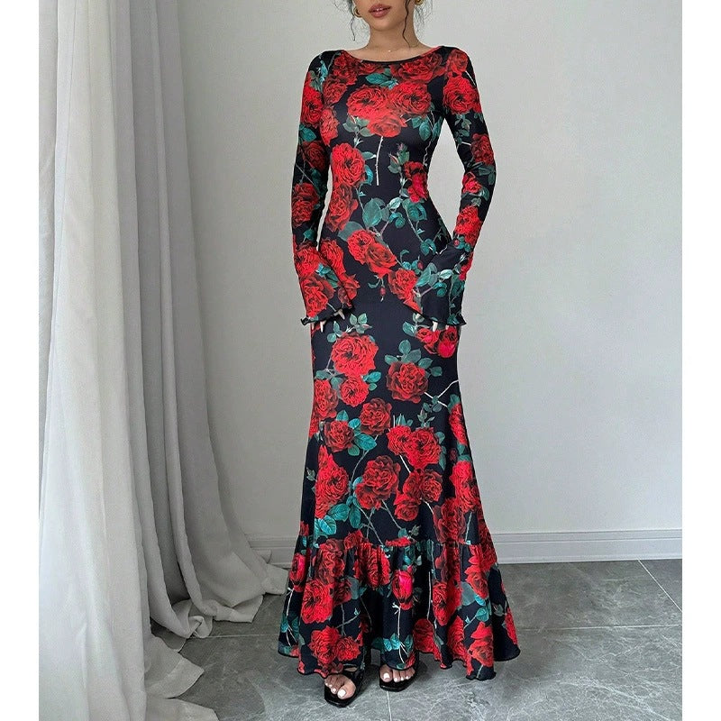 Women's Rose Print Bell Sleeve Bodycon Maxi Dress