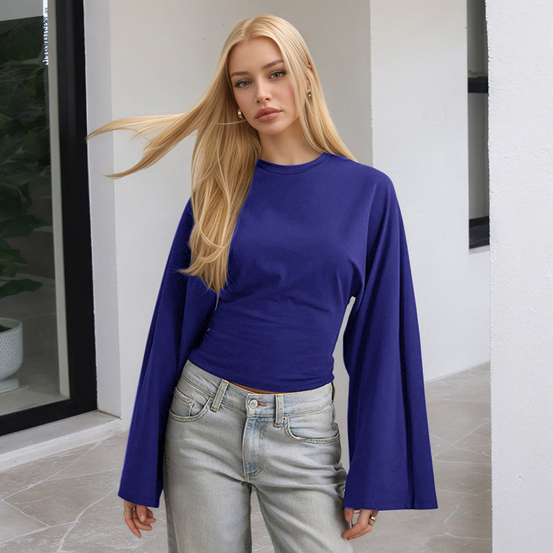 Women's Crew Neck Bell Sleeve Cinched Waist Long Sleeve Top