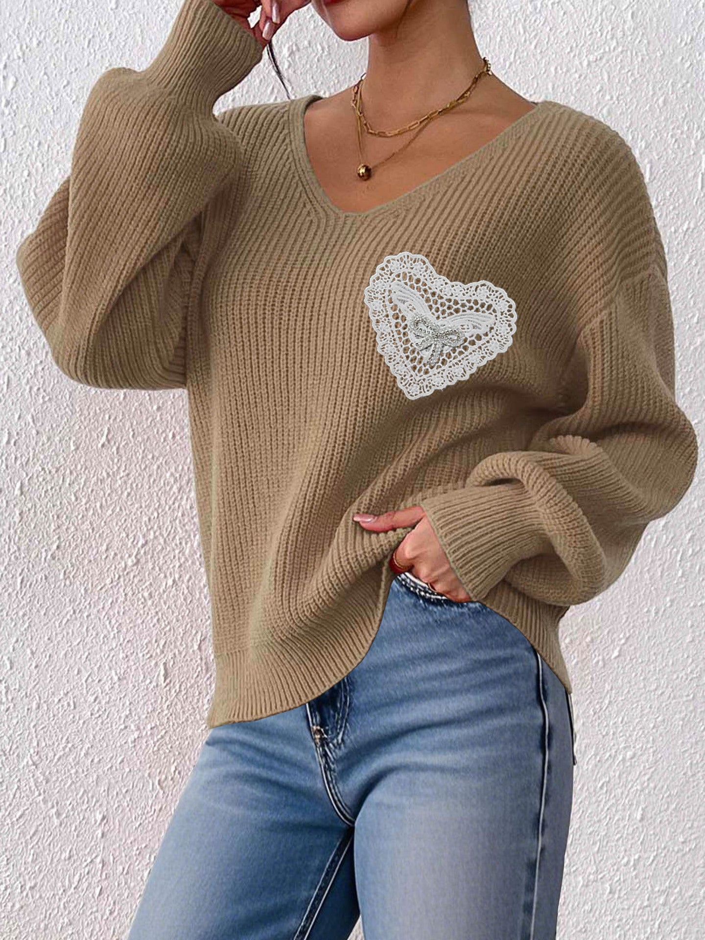 V Neck Knit Pullover Sweater with Lace Heart Detail