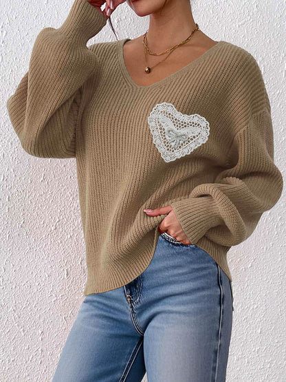 V Neck Knit Pullover Sweater with Lace Heart Detail