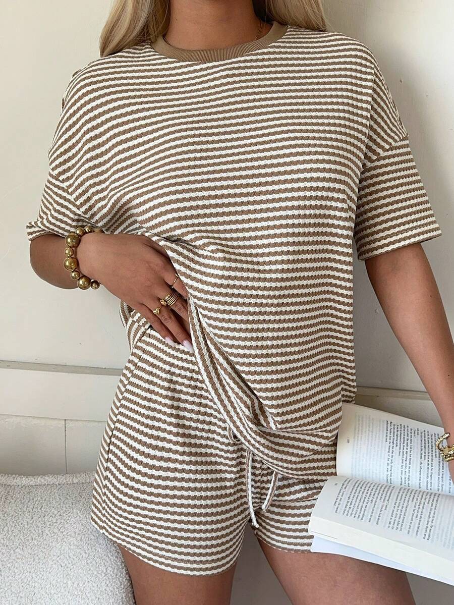 Pink Striped Waffle Knit Lounge Set Shorts Set Women