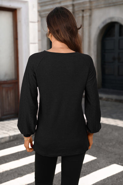 Solid Waffle Knit Top Lace Sleeve Crewneck Tee