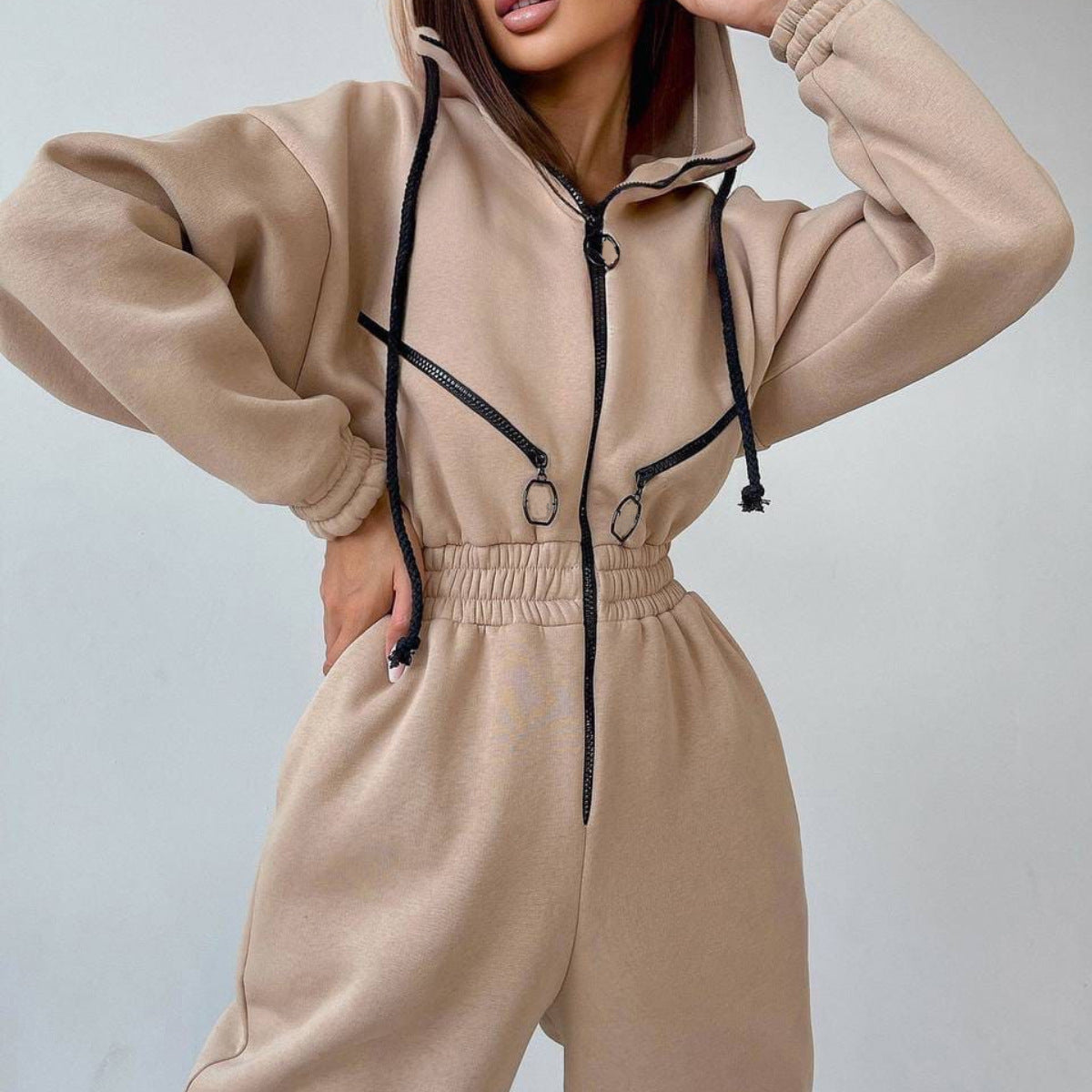 Women's Oversized Zip-Up Hooded Fleece Jumpsuit