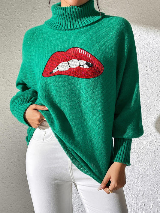 Ladies Bottom Shirt Sequin Embroidered Lip Turtleneck