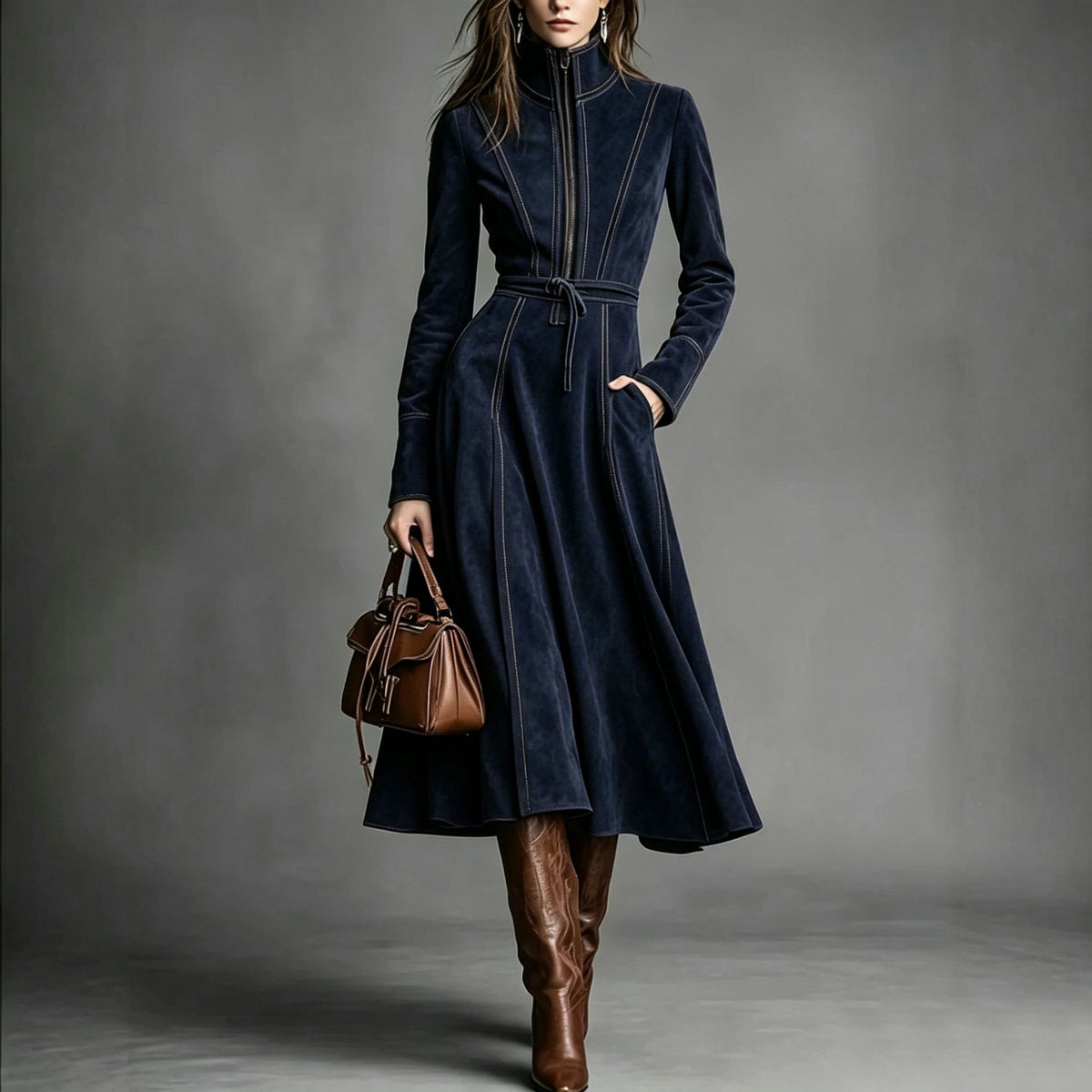 Vintage Faux Suede Long Sleeve Belted Zip Front Maxi Dress