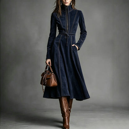 Vintage Faux Suede Long Sleeve Belted Zip Front Maxi Dress