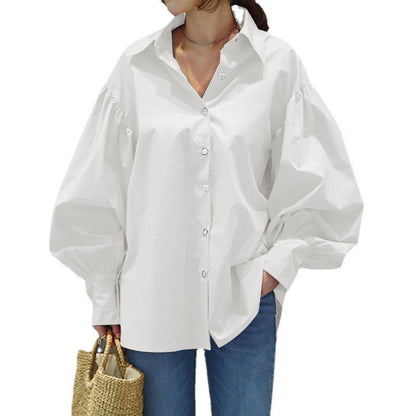 Women's Oversized Balloon Sleeve Collared Button-Up Blouse