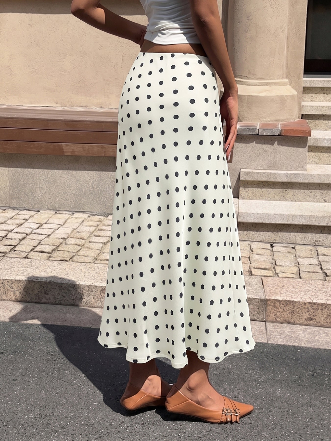 Polka Dot Satin Midi Skirt Mermaid Hem A Line