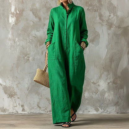 Women's Loose Button Front Wide Leg Long Sleeve Jumpsuit