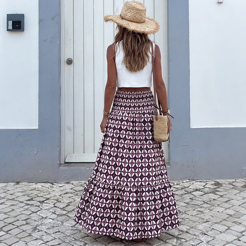Boho Print Tiered Maxi Skirt Smocked High Waist Resort