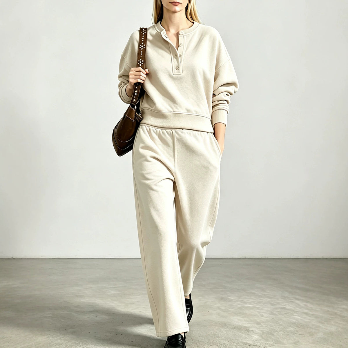 Women's Oversized Henley Sweatshirt Sweatpants Set