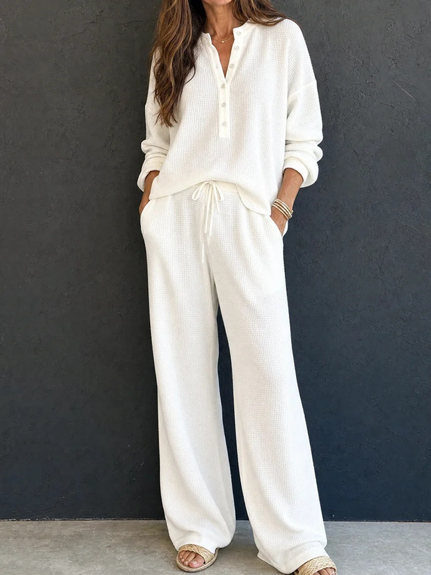 Waffle Knit Two Piece Lounge Set Wide Leg Pants