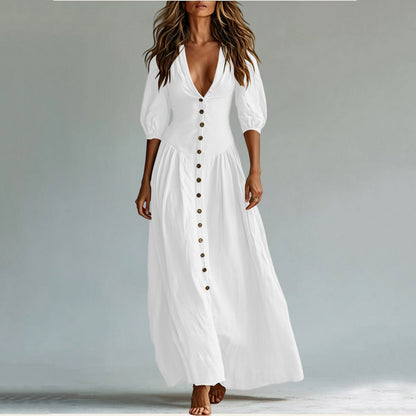 Cotton Button Down Maxi Dress Puff Sleeve V Neck Summer